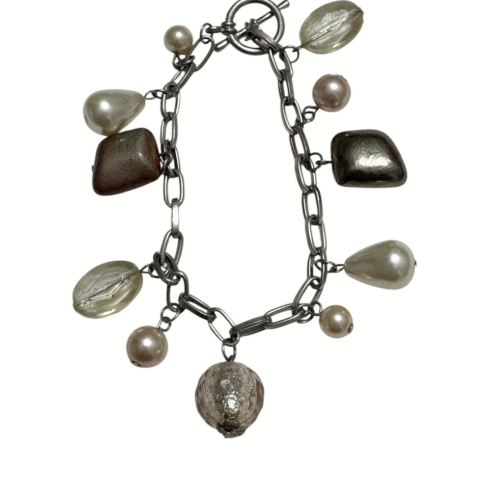 Chunky Charm Bracelet Silver Tone Faux Pearl Crystal Stones Toggle Clasp Womens